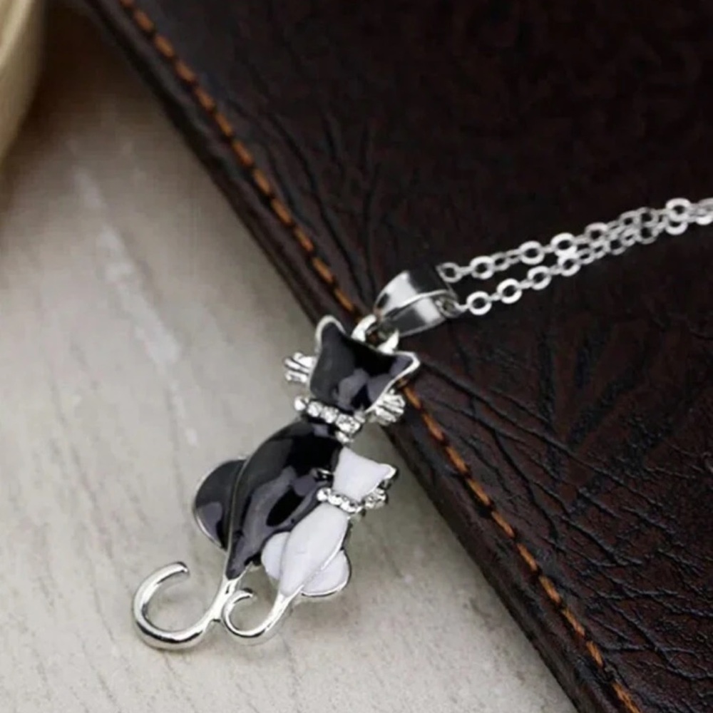 Black and White Cat Necklace, White and Black Cat Necklace, Cat Pendant Necklace - Picture 2 of 4
